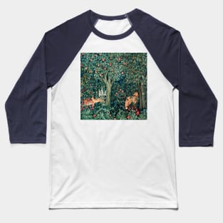 GREENERY, FOREST ANIMALS Fox and Hares Blue Green Floral Tapestry Baseball T-Shirt